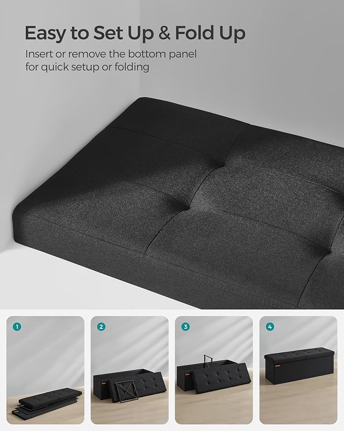 SONGMICS Mazie Collection - 43 Inches Storage Ottoman, Foldable Storage Bench with Flipping Lid, 660 lb Load Capacity, for Entryway, Living Room, Bedroom, Ink Black ULSF076B01