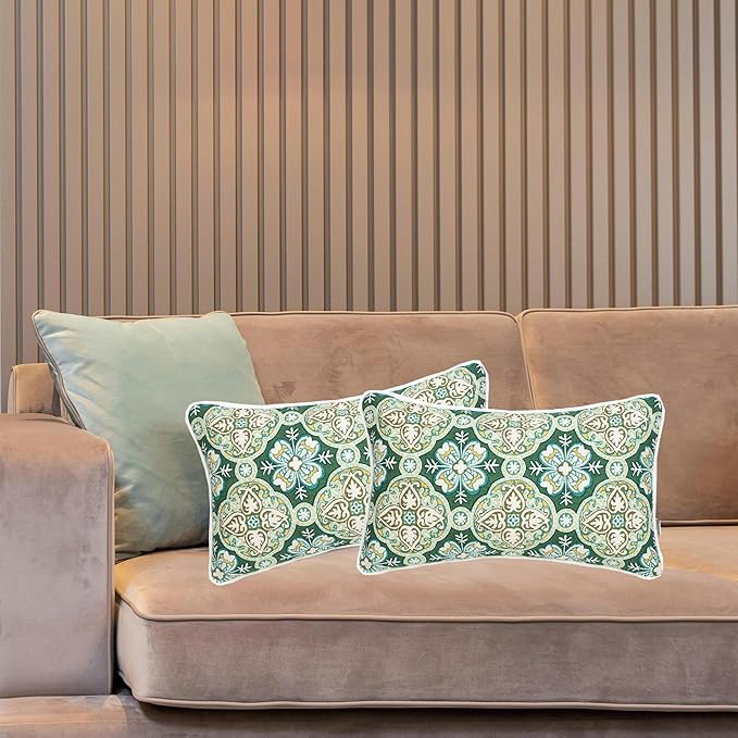 FUNHOME Set of 2 Patio Lumbar Pillows with Insert, 12”x20” Water-Repellent Fade Resistant Outdoor Lumbar Pillow, Decorative Garden All Weather Lumbar Cushions for Home Patio Coach Sofa Use-Green Medal