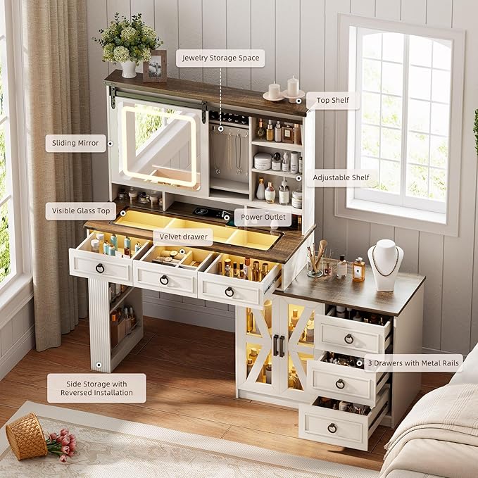 60" W Farmhouse Makeup Vanity Desk with Sliding Mirror and Lights, Charging Glass Top Large Vanity Table with Jewelry Storage,Vanity Set with 6 Drawers,10 Shelves,Side Storage Cabinet,White
