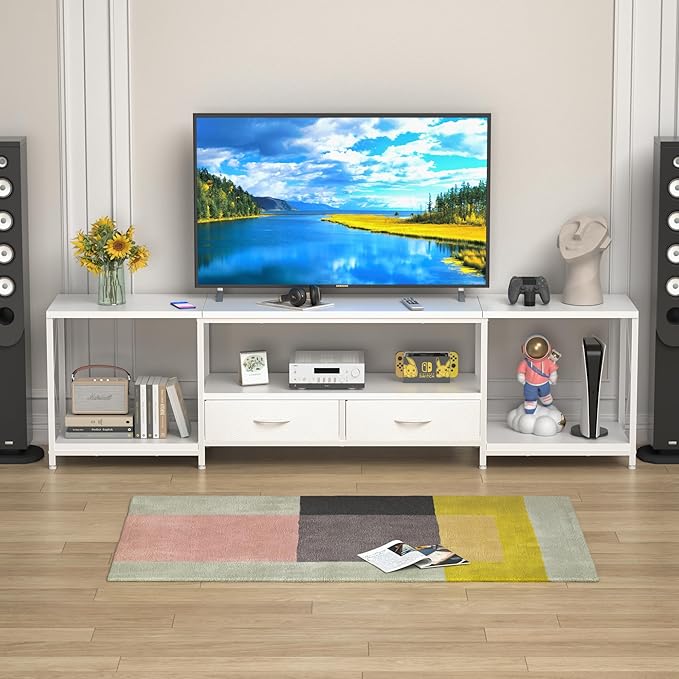 TV Stand with Fabric Drawer for 65 70 75 Inches TV - Entertainment Center and Industrial TV Console Table with Open Storage Shelves for Living Room, Bedroom - 63" White