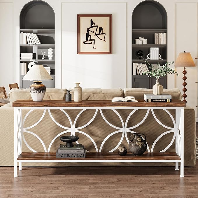 Tribesigns 70.9-Inch Narrow Sofa Table, Industrial Long Sofa Table Behind Couch, Entry Console Table with Storage for Entryway, Living Room, Foyer, Unique Design, Walnut/White