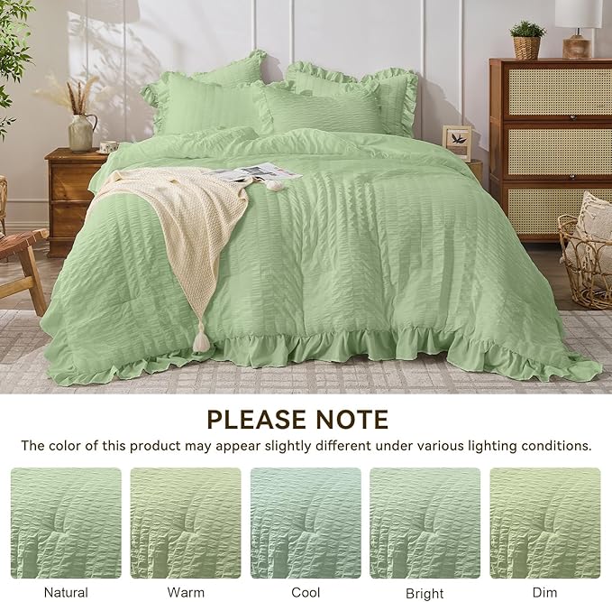 JOLLYVOGUE Sage Green Twin Size Comforter Set, 2 Pieces Seersucker Lightweight Fluffy Bedding Set, Twin Ruffle Comforter, All Season Soft Microfiber Shabby Chic Bed Set