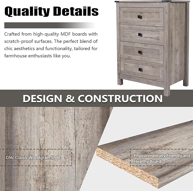 Farmhouse 4 Drawers Dresser, Wood Double Dresser Chest of Drawers Wide Storage Organizer Cabinet for Bedroom, Living Room, Rustic Grey