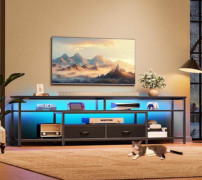 Huuger TV Stand for 75 80 Inch TV, Entertainment Center with Power Outlets and LED Lights, 70.9 Inch TV Console for Living Room, Media Console with Drawers and Shelves, Black
