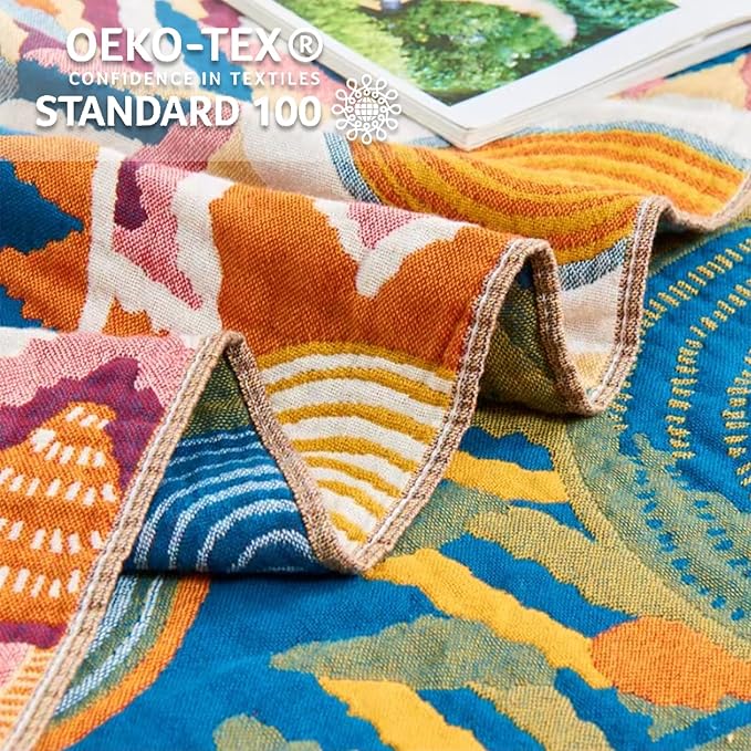Boho Throw Blanket for Bed-100% Cotton Soft Breathable Farmhouse Decor Boho Quilt for Sofa (Colorful Sun, 80"x90")
