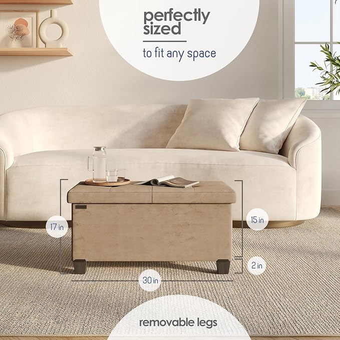 STORAGEBUD Storage Ottoman Bench with Bins, 30-in Storage Bench for Bedroom End of Bed, Folding Foot Rest Ottoman for Living Room Max 660lbs, Velvet Ottomans, Taupe