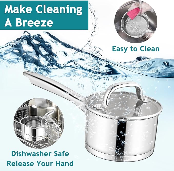E-far Stainless Steel Saucepan with Lid Set - 1QT & 2QT, Triply Sauce Pan Induction Pot for Cooking, Boiling, Compatible with All Stoves, Visible Lid, Healthy & Non Toxic, Oven & Dishwasher Safe