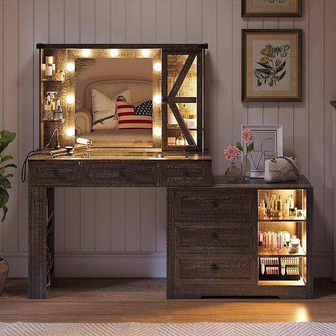 Makeup Vanity Desk Set with Mirror and Lights, Farmhouse Vanity Table with 6 Drawers/Large Storage, Brown Dressing Table 3 Colors Adjustable Lighting Brightness & Charging Station for Women