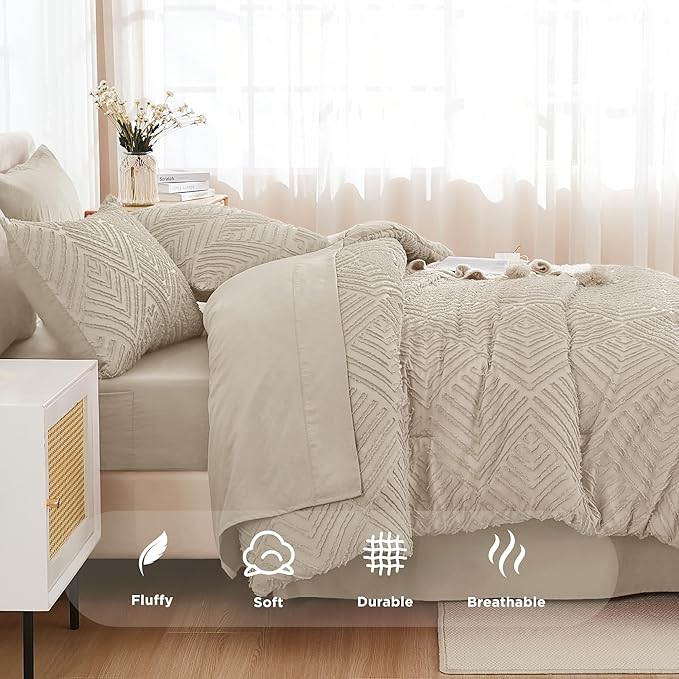 Andency California King Comforter Set Oatmeal - 7 Pieces Bed in a Bag Cal King Bedding Comforter Sets, Tufted Lightweight Fluffy Bed Set with Comforter, Sheets, Pillowcases & Shams