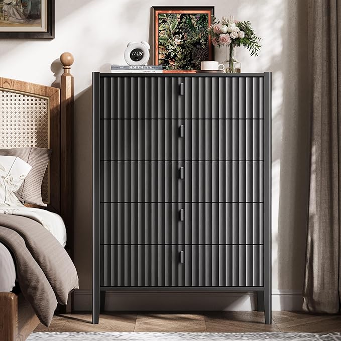 Black 5 Drawer Dresser, Fluted Wood Chest of Drawers for Bedroom, Modern Dresser with Deep Drawers for Clothes, 32 Inch Tall Nightstand for Bedroom, Living Rooms, Offices, and Entryways