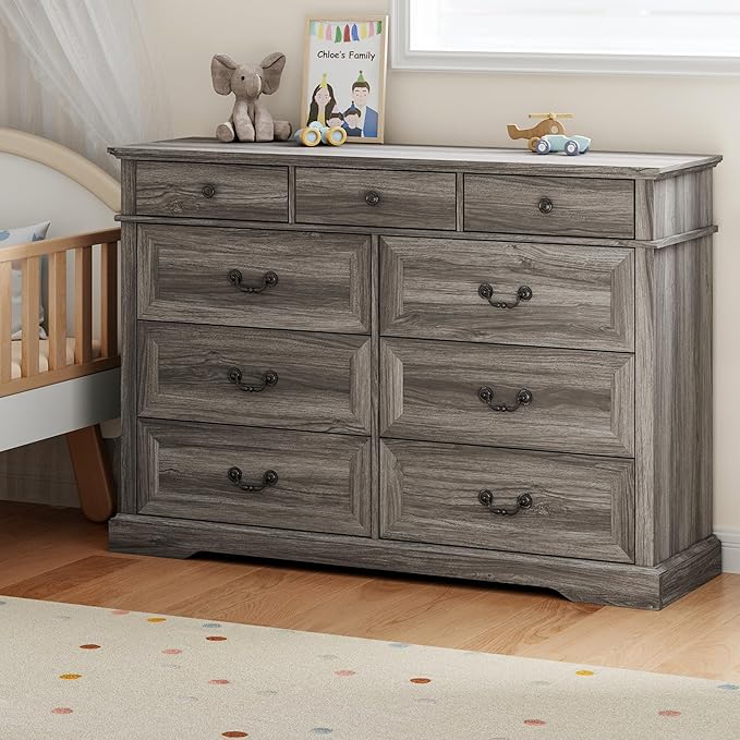 LINSY HOME Updated Dresser for Bedroom with 9 Drawers, Wide Chest of Drawers, Wooden Tall Bedroom Dresser, Storage Organizer for Closet, Living Room, Hallway, Grey