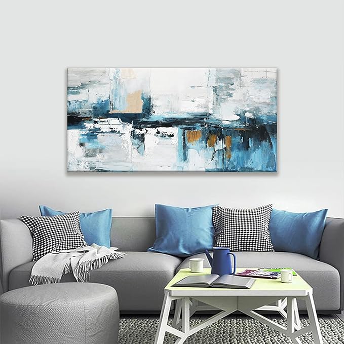 Tsomzxng Abstract Wall Art Living Room Painting Modern Wall Decor 24"X 48" Canvas Art Wall Decor Office Blue White Wall Art Canvas Prints Artwork For Bathroom Kitchen Artwork