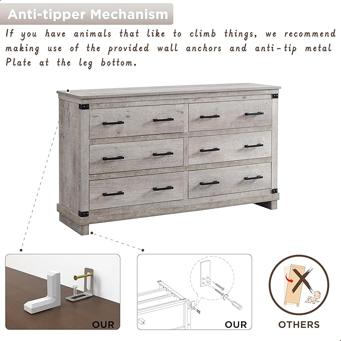 T4TREAM Farmhouse 6 Drawers Dresser for Bedroom, 54" Wide Wood Chest of Drawers w/Natural Texture & Metal Handle, Rustic Storage Dressers Organizer for Living Room, Hallway, Light Rustic Oak