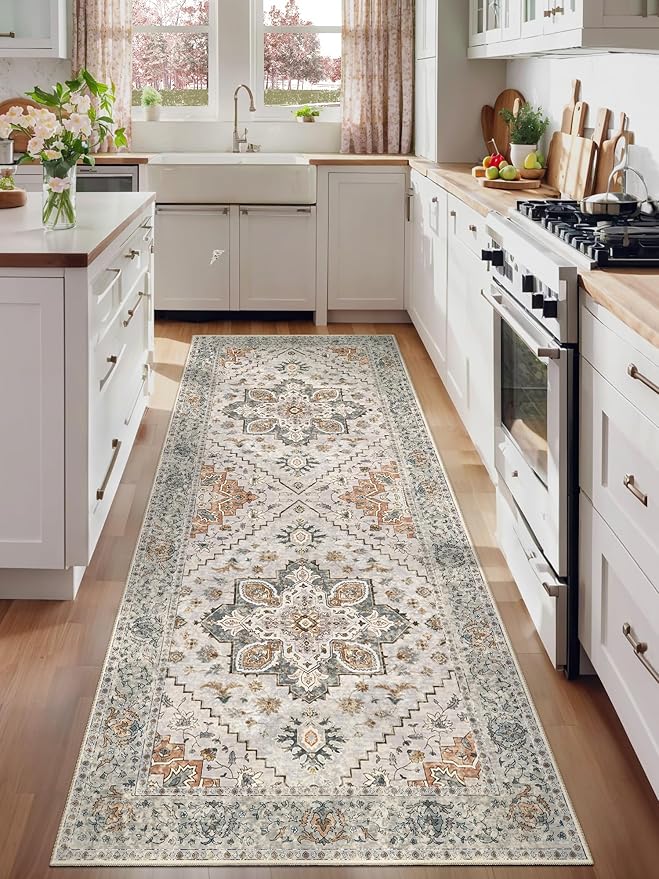 Tangsoo 2x6 Washable Runner Rug for Hallways, Non Slip Vintage Runner Rugs, Soft Low Pile Long, Print Distressed Taupe Carpet Runners for Kitchen Bedroom Entryway Bathroom Living Room