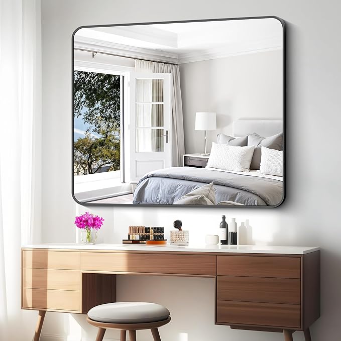 BONEWEI Black Bathroom Mirror,40x48 inch Wall Mirror for Bathroom Wall Mounted,Rectangle Mirror for Bathroom Over Sink,Modern Frame Round Corner for Living Room,Bedroom Entryway,Horizontal/Vertical