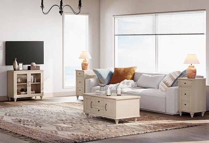 WAMPAT Farmhouse TV Stand for TVs Up to 43 inch, Glass Wood Universal TV Stand with 2 Storage Cabinets, Beige Entertainment Center TV Console Table for Living Room, Bedroom