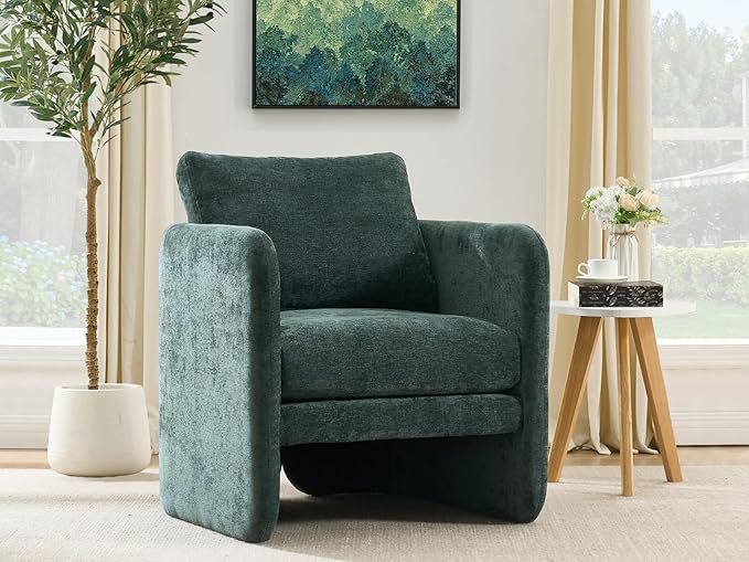 Modern Barrel Accent Chairs Set of 2, Beige Chenille Fabric Armchair for Living Room, Comfy Upholstered Reading Accent Chairs Single Sofa Chair for Bedroom Waiting Room Office, Green