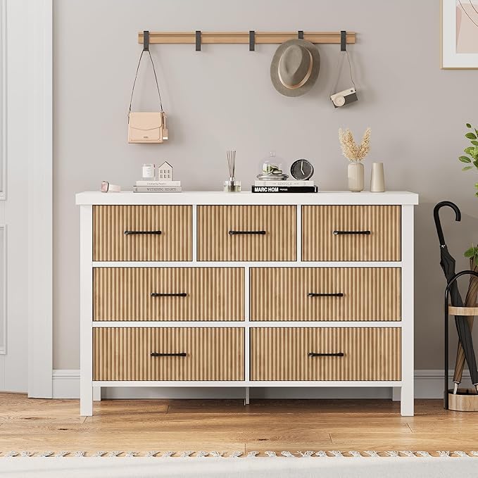 Fluted 7 Drawers Dresser for Bedroom, Modern Chest of Drawers with Metal Handle, Wood Dresser TV Stand, Wooden Closet Clothes Storage Organizer for Living Room, Hallway (White & Wood)