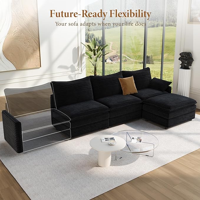 Vesgantti 108" Modular Sectional Sofa, Comfy Cloud Couch with Movable Ottoman Deep Seat Corduroy L Shaped Modular Sofa, Sectional Couches for Living Room, Bedroom and Apartment, Black