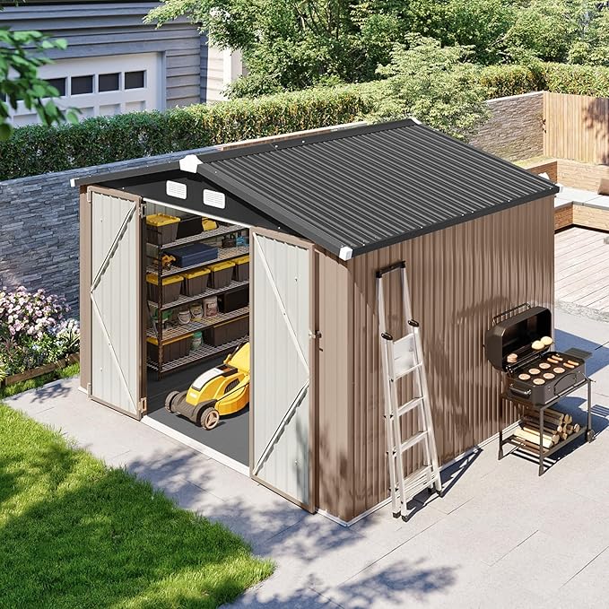 10x8 FT Outdoor Metal Storage Shed with Floor & Lockable Double Doors, Heavy-Duty Galvanized Steel Outdoor Shed for Bike, Tool, Generator Storage in Backyard, Patio (10’x8’, Floor)