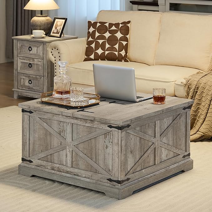 Farmhouse Coffee Table with Large Hidden Storage Compartment, Light Oak Square Center Table, Wood Rustic Low Modern Living Room Tables with Hinged Lift Brown Top & Wooden Arc Base