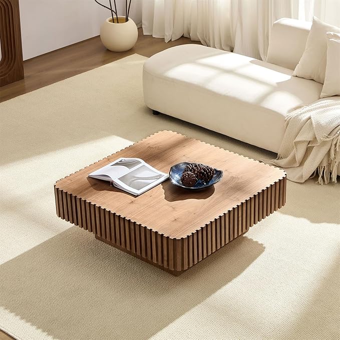 Square Coffee Table for Living Room, Accent Fluted Coffee Table with Storage, Modern Solid Wood Veneered Large Center Tea Table for Small Space Apartment (35.4''D×16''H-Walnut)