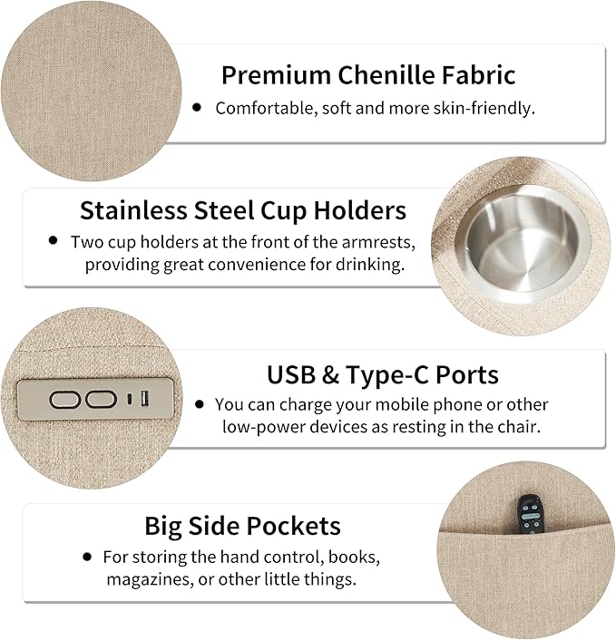 Power Lift Chair with Massage & Heat, Electric Recliner Chairs for Adults, Remote Control, Living Room Sofa, Standing Assistance, USB Ports, Stainless Steel Cup Holders, Chenill, Beige