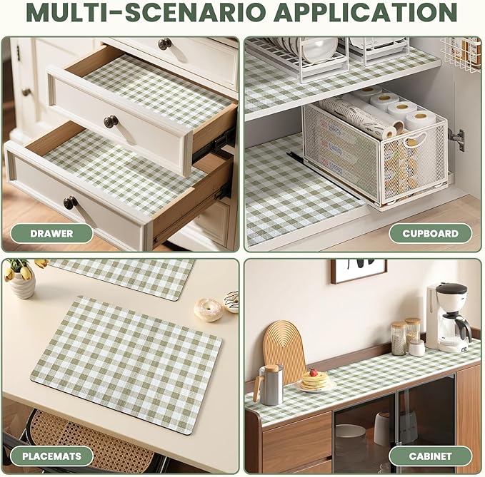 Drawer Liner and Shelf Liner for Kitchen Cabinet Liner Non-Adhesive Non-Slip Shelf Paper, Thick Strong Grip Waterproof Easy to Clean for Shelves, Cupboard, Desks, Green Plaid Pattern, 12 in x 40 FT