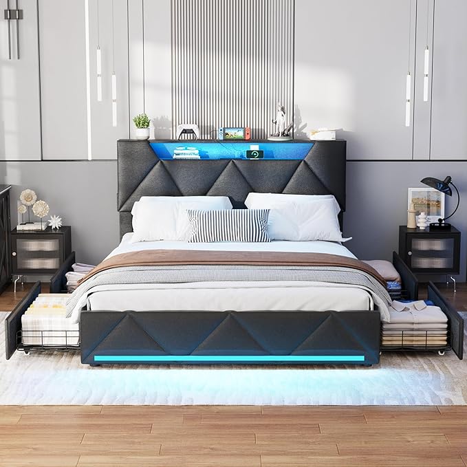 Vabches Queen Bed Frame with Storage Headboard and 4 Drawers,Upholstered Platform with Charging Station and Led Lights,Adjustable Headboard with Pu Leather,No Box Spring Needed,Black