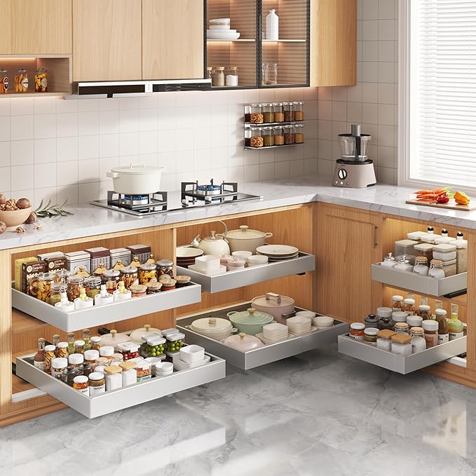 2 Pack Pull Out Cabinet Organizers 21"Deep With Raising Pad for Framed Cabinets,Expandable Slide Out Drawers Upgrade 3 Slide Rails,Roll Out Shelves Adhesive,Adjustable Width 12"-20.45" Silver