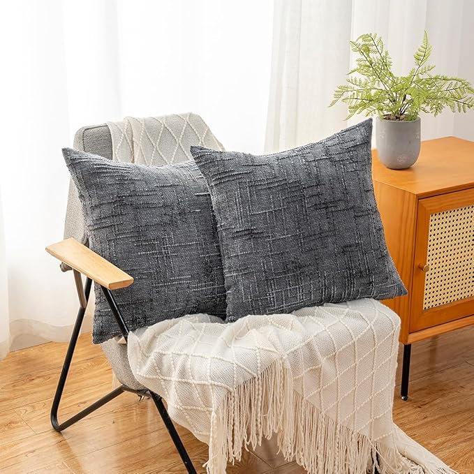 Decorative Throw Pillow Covers 16x16 Inch Set of 2, Soft Solid Farmhouse Chenille Couch Pillows, Spring Pillow Covers for Couch Sofa Bed Living Room Home Decor Pillowcase, Dark Gray