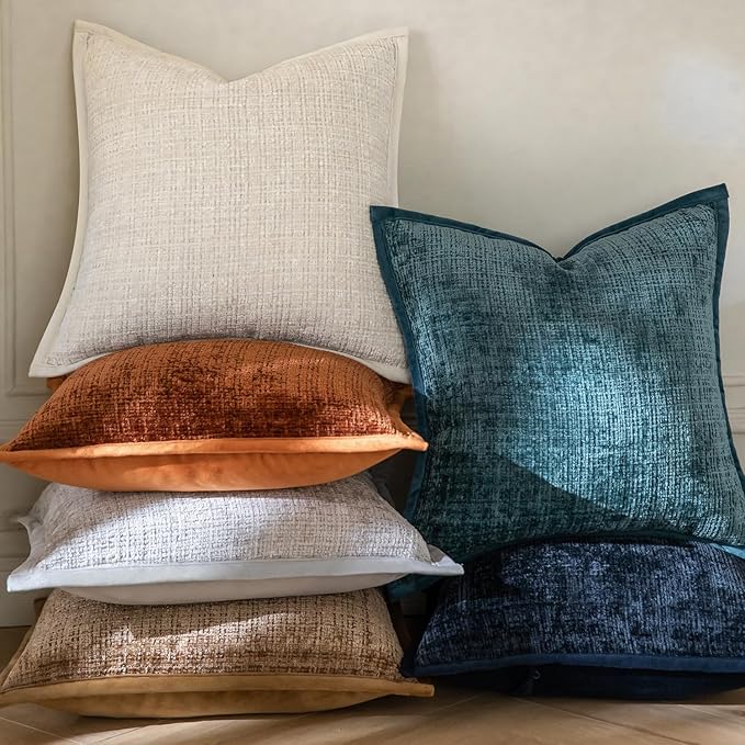 Yaertun Pack of 2 Chenille Textured Decorative Throw Pillow Covers Accent Solid Cushion Cover Soft Cozy Pillow Case with Velvet Back for Couch Sofa Bed Living Room 24x24 Inch Dark Blue