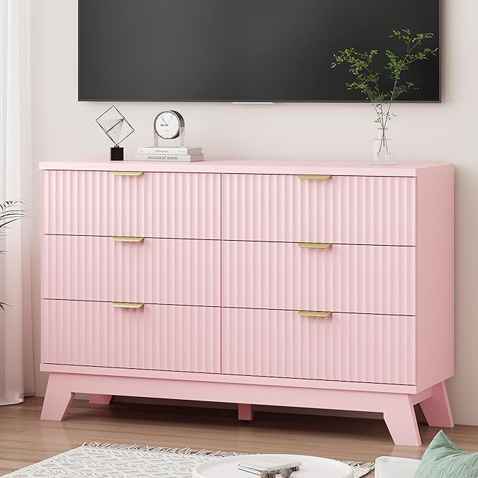 Fluted Dresser for Bedroom with 6 Drawers, 48" Wide Modern Chest of Drawers with Metal Handle, Wooden Dresser TV Stand, Wood Closet Clothes Storage Drawer Organizer for Living Room, Hallway, Pink