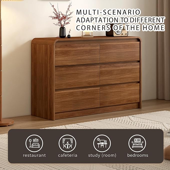 Modern 6 Drawer Dresser, 47-Inch Wood Chest of Drawers, Curved Anti-Collision Design, Mid-Century Storage Cabinet, Pre-Embedded Slots, Natural Texture, for Bedroom, Living Room, TV Stand, Nursery