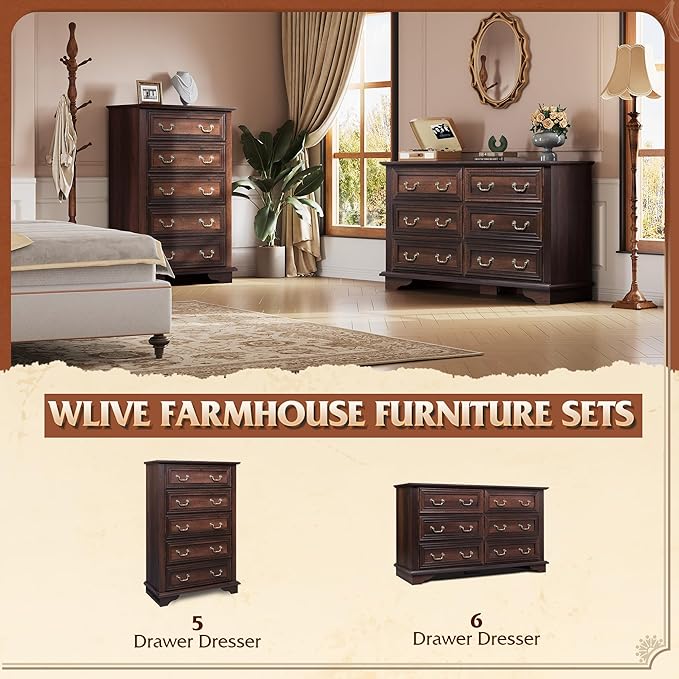 WLIVE Farmhouse Dresser for Bedroom, Tall Wood Dresser with 5 Drawer, Chest of Drawers with Roman Metal Handle for Living Room, Hallway, Closet, Brown