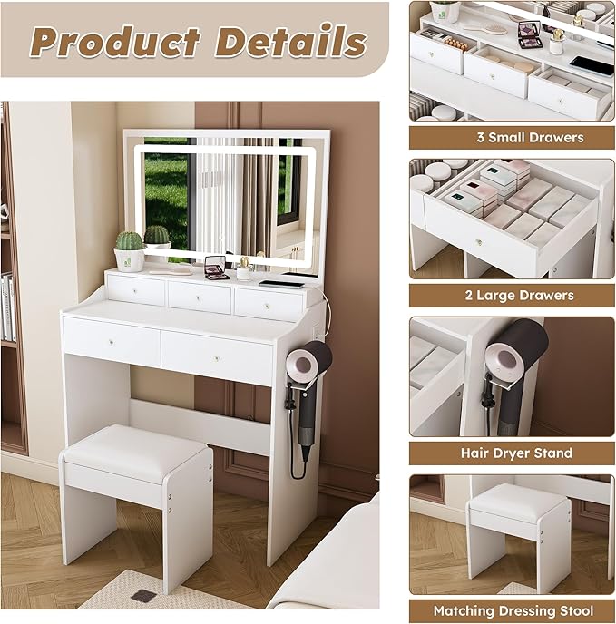 White Vanity Desk with Large Full Size Led Lighted Mirror, 31" Makeup Vanity Table with 5 Storage Drawers, Power Outlet & Hair Dryer Holder, Modern Small Dressing Table for Small Space,Dorm, Bedroom