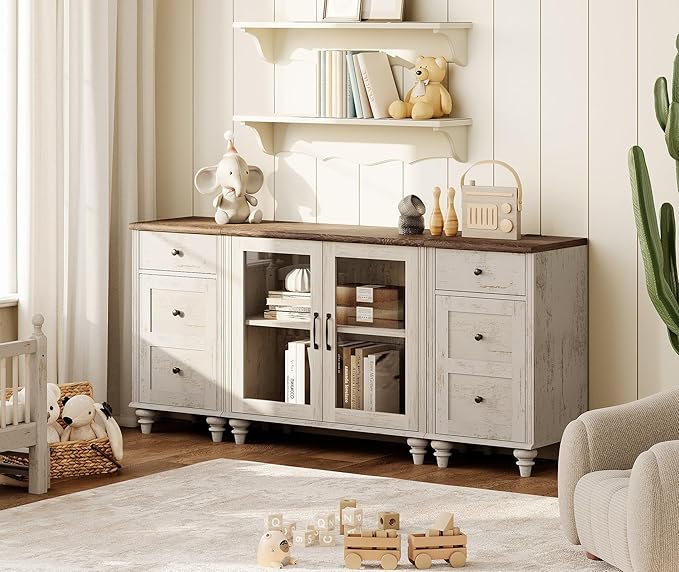 WAMPAT TV Stand for 75 Inch TV, Wood TV Cabinet Entertainment Center with Charging Station, Glass Door Buffet Cabinet for Dining Room, Rustic White