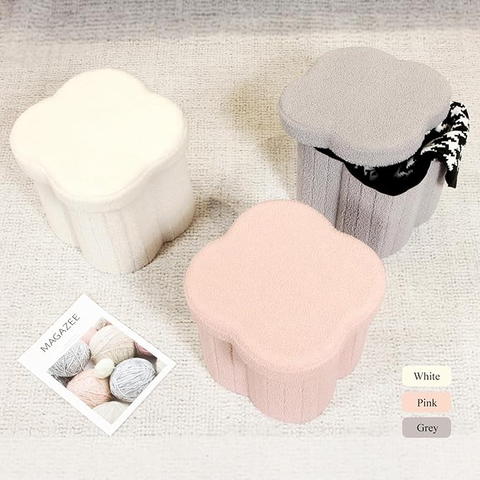 B FSOBEIIALEO Storage Ottoman Cube, Flowers Shaped Ottomans with Storage Foot Stool Footrest for Lving Room, Boucle Ottoman Seat for Dorm Room,Faux Teddy Fur, Pink 12.6"x12.6"x12.6"