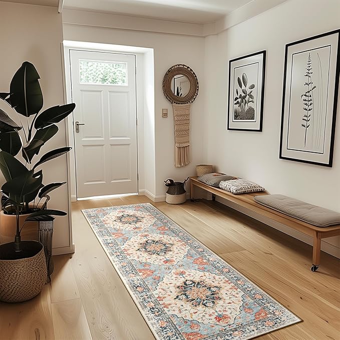 Area Rugs 2'x8' Washable Non-Slip, Floral Vintage Distress Print Pattern Medallion Carpet for Living Room Bedroom Dining Room, Beige Navy Blue Orange Colorful