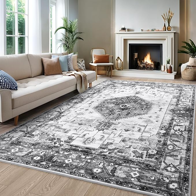 Washable Area Rugs for Living Room, Grey 4x6 Non Slip Vintage Floral Room Rug for Bedroom, Low Pile Indoor Carpet for Dining Room, Home Office, Kitchen, Dorm