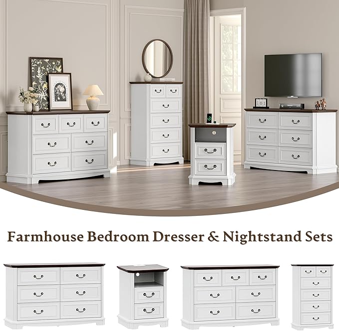 Farmhouse Dresser for Bedroom with 7 Drawer, 48" Wide Rustic Chest of Drawers with Metal Handle, Wood Vintage Dresser TV Stand, Wooden Closet Storage Dressers Organizer for Living Room, Hallway, White