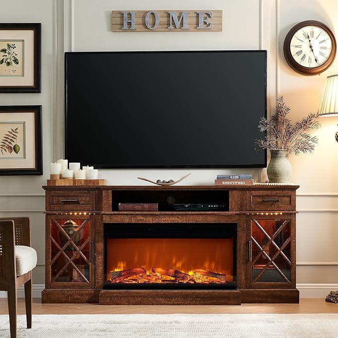 OKD 70'' TV Stand With 36'' Electric Fireplace, Media Entertainment Center for TVs Up to 80'', Modern Farmhouse 3-Sided Glass Stand With 3 Color Lights & 5 Flame Speeds, Reclaimed Barnwood