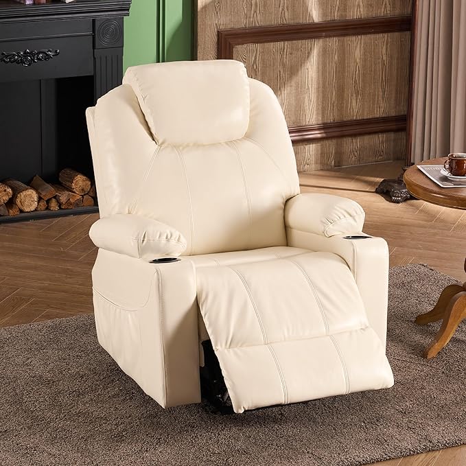 SALOHZA Power Lift Recliner Chair for Elderly with Massage and Heat for Living Room, Electric Recliner Chair for Adults with USB/Type C Port/Cup Holders, PU Faux Leather, Cream White