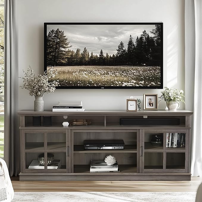 Fireplace TV Stand with Wood Glass Storage Cabinets, Farmhouse Entertainment Center for TVs up to 80", Mid Century Modern Media TV Console Table for Living Room Bedroom(Gray)