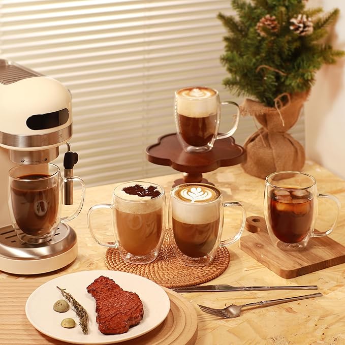 CNGLASS 6 Pack Double Walled Glass Coffee Mugs,12oz Clear Coffee Cups with Handle,Insulated Glass Espresso Mugs for Latte,Cappuccino,Tea