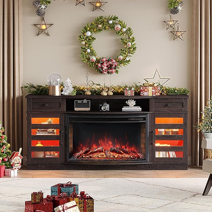 Farmhouse Curved Fireplace TV Stand, 70" LED Light Entertainment Center Table with 36'' Upgrade Electric Fireplace TV Console Cabinet for TVs Up to 80", Dark Walnut