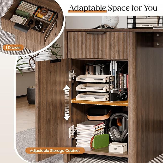 58" Fluted Home Office Desks with Storage, Modern Executive Desk Computer Desk with Drawer & Cabinet, Wood Work Desk for Office, Bedroom, Study, Living Room, Walnut