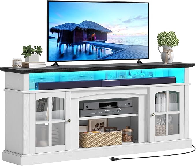 YITAHOME LED Farmhouse TV Stand for 75 Inch w/Outlets, Modern Entertainment Center with Glass Doors and Adjustable Storage Shelves, Media Console TV Cabinet for for Living Room, White/Black