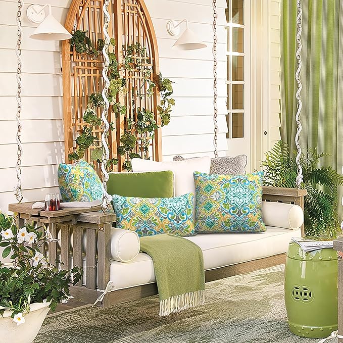 LVTXIII Outdoor/Indoor Lumbar Pillows, Decorative Patio Lumbar Cushions, Fluffy Water Repellent Garden Cushions for Home Patio Coach Sofa Use, 12×20 Inch, Pack of 2, Damask Green