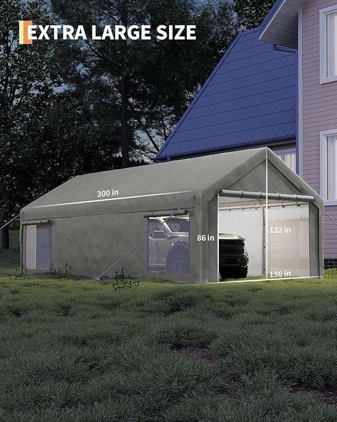 13 x 25FT Heavy Duty Carport with Roll-Up Windows, Portable Garage with Removable Sidewalls & Doors, Portable Car Tent Garage with Roll-Up Windows and All-Season Tarp, for Car, Truck,